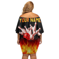 Bowling Ball and Pins Design Off Shoulder Short Dress with Flame Background and Custom Team Name Text - Wonder Print Shop