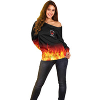 Bowling Ball and Pins Design Off Shoulder Sweater with Flame Background and Custom Team Name Text - Wonder Print Shop