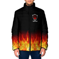 Bowling Ball and Pins Design Padded Jacket with Flame Background and Custom Team Name Text - Wonder Print Shop