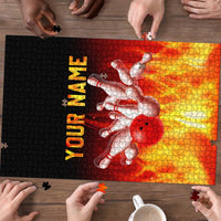 Bowling Ball and Pins Design Puzzle with Flame Background and Custom Team Name Text - Wonder Print Shop