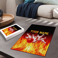 Bowling Ball and Pins Design Puzzle with Flame Background and Custom Team Name Text - Wonder Print Shop