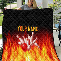 Bowling Ball and Pins Design Quilt with Flame Background and Custom Team Name Text - Wonder Print Shop