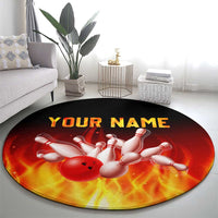 Bowling Ball and Pins Design Round Carpet with Flame Background and Custom Team Name Text - Wonder Print Shop