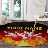 Bowling Ball and Pins Design Round Carpet with Flame Background and Custom Team Name Text - Wonder Print Shop