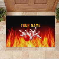 Bowling Ball and Pins Design Rubber Doormat with Flame Background and Custom Team Name Text - Wonder Print Shop