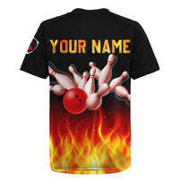 Bowling Ball and Pins Design Rugby Jersey with Flame Background and Custom Team Name Text - Wonder Print Shop