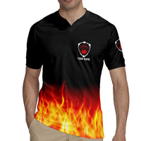Bowling Ball and Pins Design Rugby Jersey with Flame Background and Custom Team Name Text - Wonder Print Shop