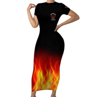 Bowling Ball and Pins Design Short Sleeve Bodycon Dress with Flame Background and Custom Team Name Text - Wonder Print Shop