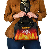 Bowling Ball and Pins Design Shoulder Handbag with Flame Background and Custom Team Name Text - Wonder Print Shop