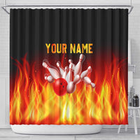 Bowling Ball and Pins Design Shower Curtain with Flame Background and Custom Team Name Text - Wonder Print Shop