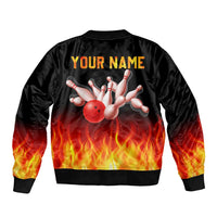 Bowling Ball and Pins Design Sleeve Zip Bomber Jacket with Flame Background and Custom Team Name Text - Wonder Print Shop