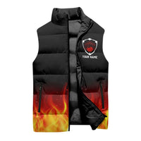 Bowling Ball and Pins Design Sleeveless Puffer Jacket with Flame Background and Custom Team Name Text - Wonder Print Shop