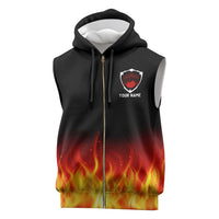 Bowling Ball and Pins Design Sleeveless Zip Hoodie with Flame Background and Custom Team Name Text - Wonder Print Shop