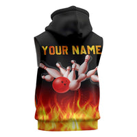 Bowling Ball and Pins Design Sleeveless Zip Hoodie with Flame Background and Custom Team Name Text - Wonder Print Shop