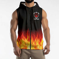 Bowling Ball and Pins Design Sleeveless Zip Hoodie with Flame Background and Custom Team Name Text - Wonder Print Shop