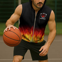 Bowling Ball and Pins Design Sleeveless Zip Hoodie with Flame Background and Custom Team Name Text - Wonder Print Shop