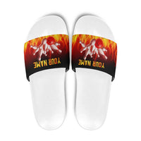 Bowling Ball and Pins Design Slide Sandals with Flame Background and Custom Team Name Text - Wonder Print Shop