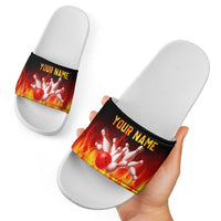 Bowling Ball and Pins Design Slide Sandals with Flame Background and Custom Team Name Text - Wonder Print Shop