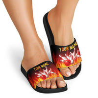 Bowling Ball and Pins Design Slide Sandals with Flame Background and Custom Team Name Text - Wonder Print Shop