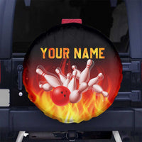Bowling Ball and Pins Design Spare Tire Cover with Flame Background and Custom Team Name Text - Wonder Print Shop