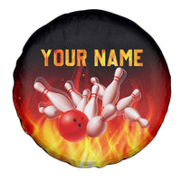 Bowling Ball and Pins Design Spare Tire Cover with Flame Background and Custom Team Name Text - Wonder Print Shop