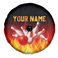 Bowling Ball and Pins Design Spare Tire Cover with Flame Background and Custom Team Name Text - Wonder Print Shop