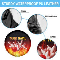 Bowling Ball and Pins Design Spare Tire Cover with Flame Background and Custom Team Name Text - Wonder Print Shop