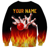 Bowling Ball and Pins Design Sweatshirt with Flame Background and Custom Team Name Text - Wonder Print Shop