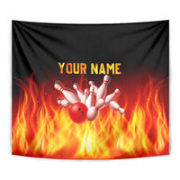 Bowling Ball and Pins Design Tapestry with Flame Background and Custom Team Name Text - Wonder Print Shop