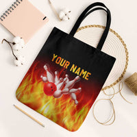 Bowling Ball and Pins Design Tote Bag with Flame Background and Custom Team Name Text - Wonder Print Shop