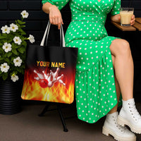 Bowling Ball and Pins Design Tote Bag with Flame Background and Custom Team Name Text - Wonder Print Shop