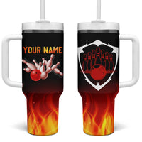 Bowling Ball and Pins Design Tumbler With Handle with Flame Background and Custom Team Name Text - Wonder Print Shop