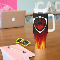 Bowling Ball and Pins Design Tumbler With Handle with Flame Background and Custom Team Name Text - Wonder Print Shop