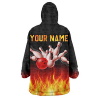 Bowling Ball and Pins Design Wearable Blanket Hoodie with Flame Background and Custom Team Name Text - Wonder Print Shop