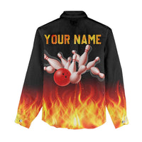 Bowling Ball and Pins Design Women Casual Shirt with Flame Background and Custom Team Name Text - Wonder Print Shop