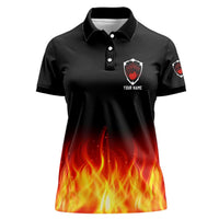 Bowling Ball and Pins Design Women Polo Shirt with Flame Background and Custom Team Name Text - Wonder Print Shop