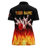 Bowling Ball and Pins Design Women Polo Shirt with Flame Background and Custom Team Name Text - Wonder Print Shop