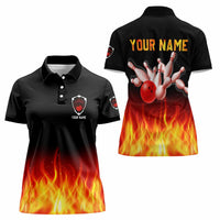 Bowling Ball and Pins Design Women Polo Shirt with Flame Background and Custom Team Name Text - Wonder Print Shop