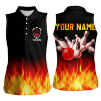 Bowling Ball and Pins Design Women Sleeveless Polo Shirt with Flame Background and Custom Team Name Text - Wonder Print Shop