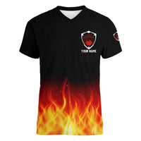 Bowling Ball and Pins Design Women V-Neck T-Shirt with Flame Background and Custom Team Name Text - Wonder Print Shop