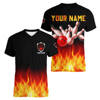 Bowling Ball and Pins Design Women V-Neck T-Shirt with Flame Background and Custom Team Name Text - Wonder Print Shop