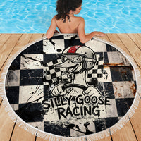 Silly Goose Racing Motorsport Beach Blanket Vintage Distressed Checkered Flag - Cartoon Race Car