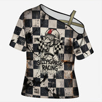 Silly Goose Racing Motorsport Cross Shoulder Shirt Vintage Distressed Checkered Flag - Cartoon Race Car