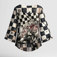 Silly Goose Racing Motorsport Kimono Sleeve Blouse Vintage Distressed Checkered Flag - Cartoon Race Car