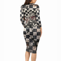 Silly Goose Racing Motorsport Long Sleeve Bodycon Dress Vintage Distressed Checkered Flag - Cartoon Race Car