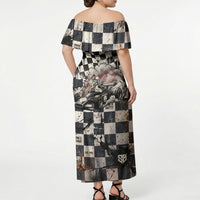 Silly Goose Racing Motorsport Off Shoulder Maxi Dress Vintage Distressed Checkered Flag - Cartoon Race Car