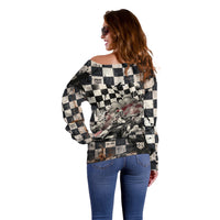 Silly Goose Racing Motorsport Off Shoulder Sweater Vintage Distressed Checkered Flag - Cartoon Race Car