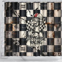 Silly Goose Racing Motorsport Shower Curtain Vintage Distressed Checkered Flag - Cartoon Race Car