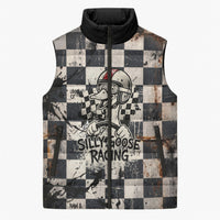 Silly Goose Racing Motorsport Sleeveless Puffer Jacket Vintage Distressed Checkered Flag - Cartoon Race Car