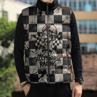 Silly Goose Racing Motorsport Sleeveless Puffer Jacket Vintage Distressed Checkered Flag - Cartoon Race Car